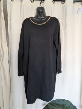 Asics Black Long-Sleeve Sweater Dress with Gold Chain